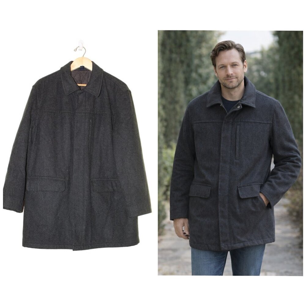 J. Crew Wool Blend Men Black Jacket Size Large Zip up front Pea Coat Pockets